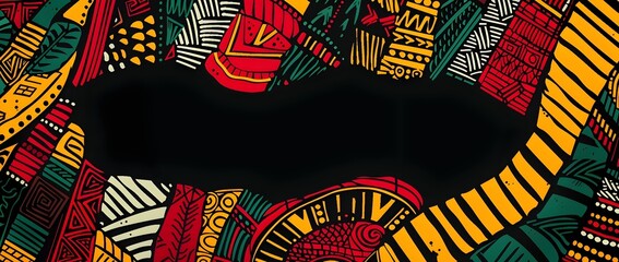Vibrant Kente Inspired Doodle Border Design with Blank Space for Customizable Black History Month Messaging