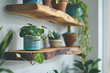 Interior design details. Brown wooden raw edge floating shelves hanging on white wall. Green potted house plants standing on shelfs - Powered by Adobe