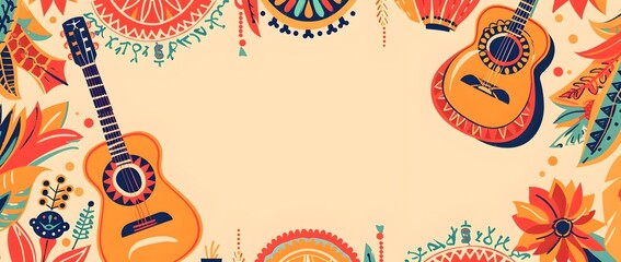 Vibrant Hispanic Heritage Month Doodle Backdrop with Traditional Mexican Instruments and Geometric Patterns