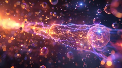 A scene of a particle jet, with a background of particles of matter and energy