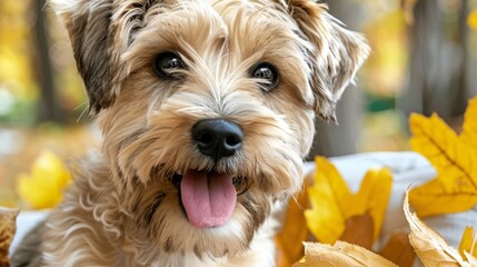 trees and leaves bearing yellow autumn hues, dog with tongue out