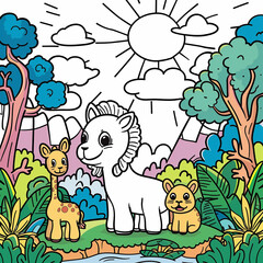 Cat, giraffe, and Cub coloring printable. Cute Safari animals coloring book page.