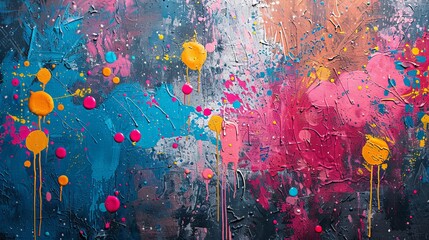 Grunge splatter background featuring colorful paint drops on a worn, textured surface, vibrant and artistic