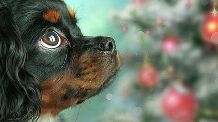 A close-up of a dog's face with a Christmas ornament in the foreground and a Christmas tree in the background