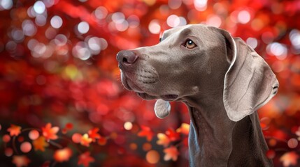  A tight shot of a dog's face, framed by red and yellow leaves, and a tree with distinct red foliage in the foreground The background is softly blurred
