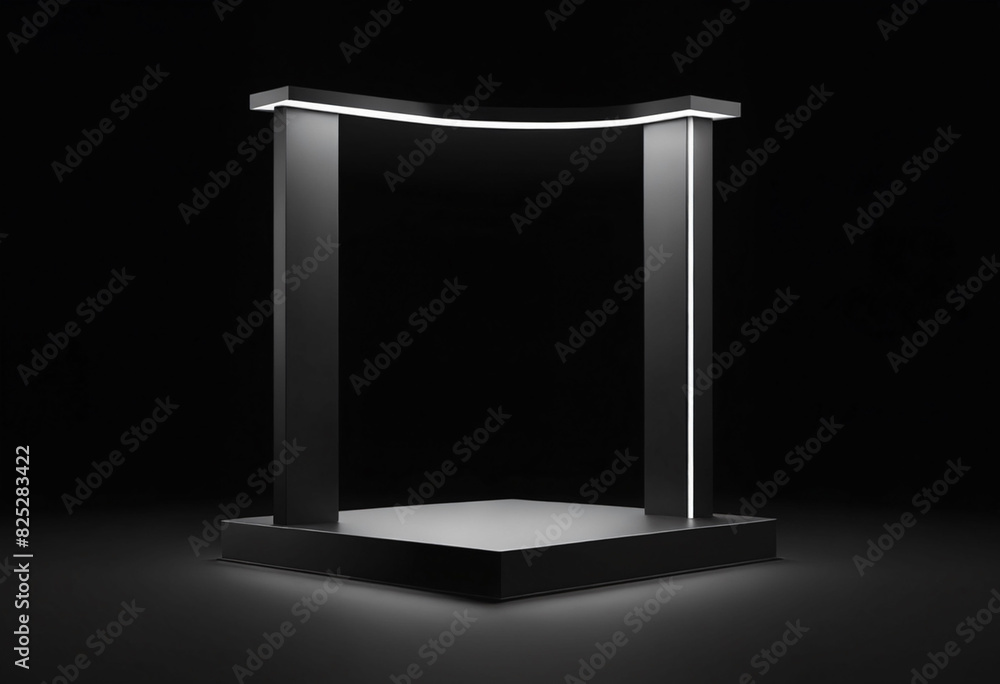 Aufkleber black podium or pedestal display on dark background with long platform. blank product shelf standing