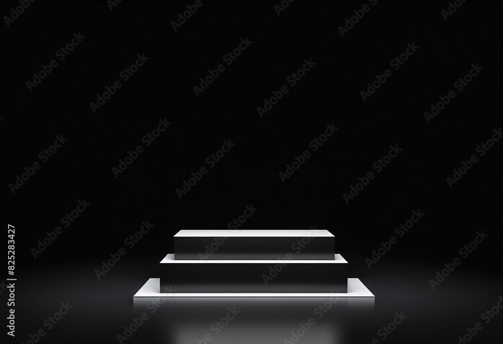 Poster Black podium or pedestal display on dark background with long platform. Blank product shelf standing backdrop. 3D rendering