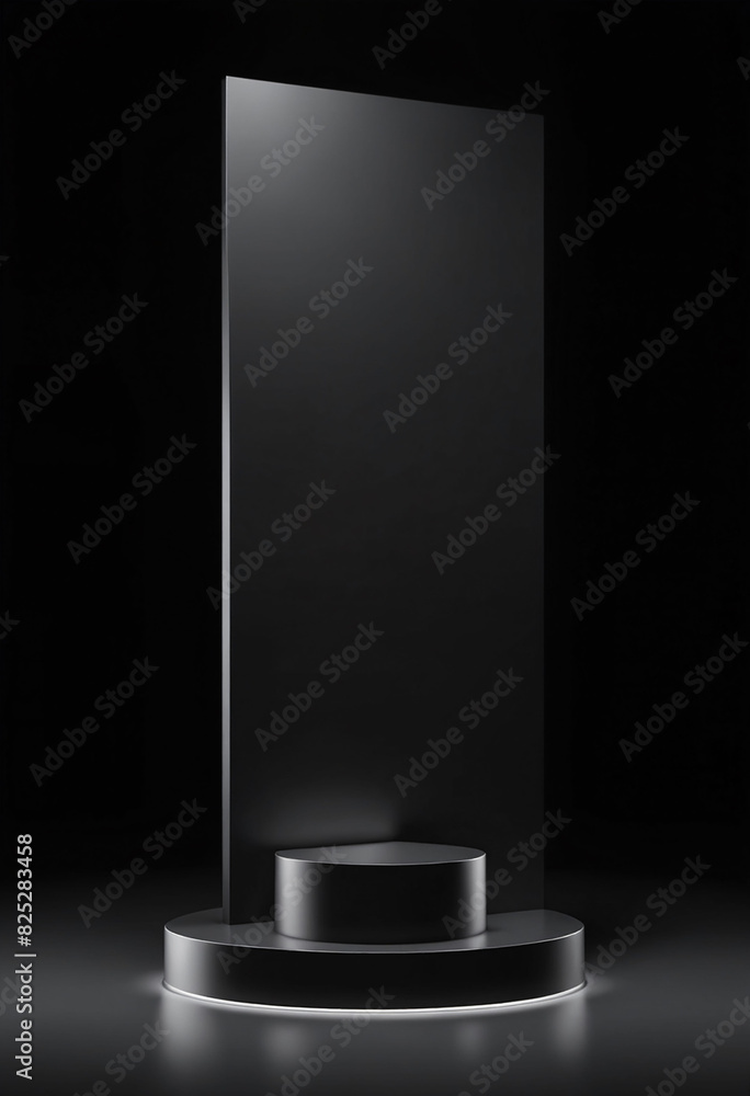 Aufkleber black podium or pedestal display on dark background with long platform. blank product shelf standing