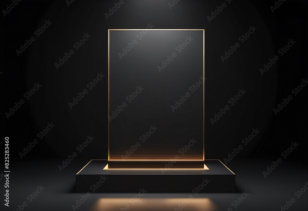 Poster Black podium or pedestal display on dark background with long platform. Blank product shelf standing backdrop. 3D rendering