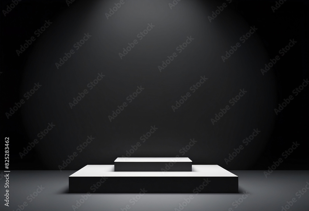 Aufkleber Black podium or pedestal display on dark background with long platform. Blank product shelf standing backdrop. 3D rendering