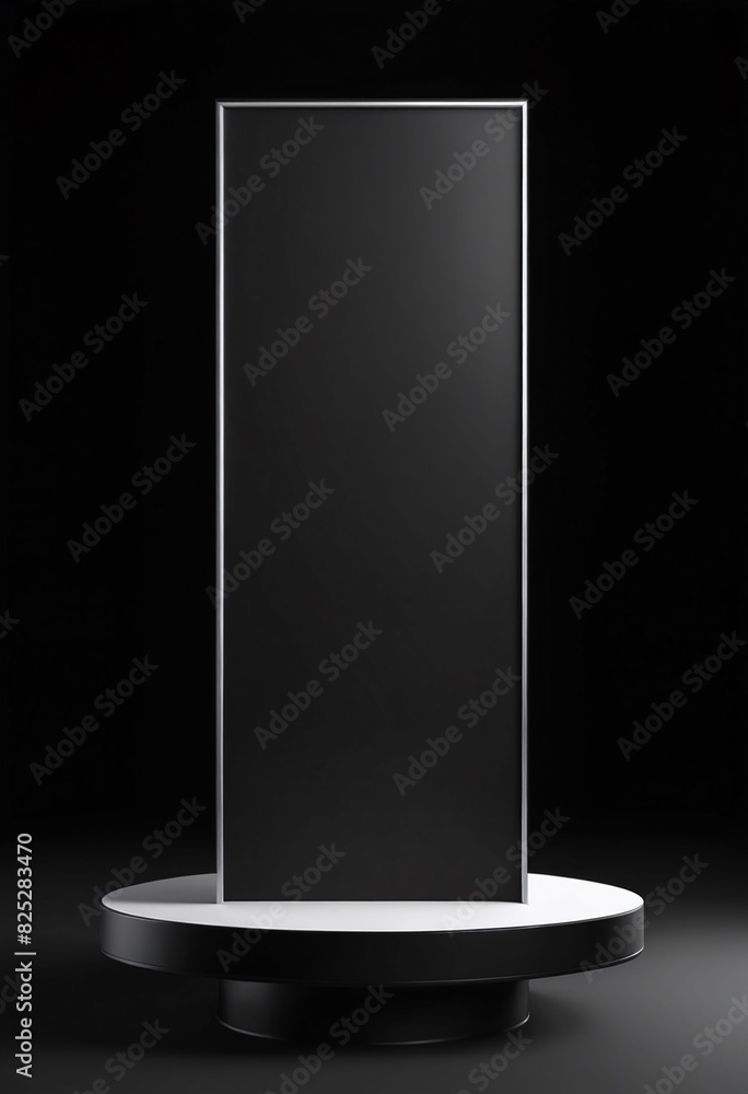 Aufkleber Black podium or pedestal display on dark background with long platform. Blank product shelf standing backdrop. 3D rendering