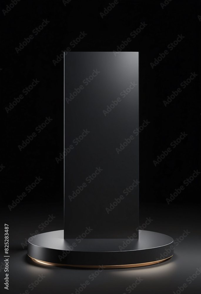 Aufkleber Black podium or pedestal display on dark background with long platform. Blank product shelf standing backdrop. 3D rendering