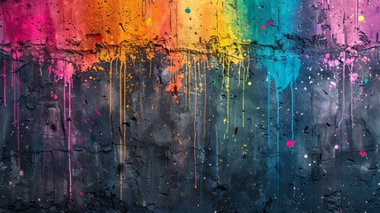 Grunge splatter background featuring colorful paint drops on a worn, textured surface, vibrant and artistic