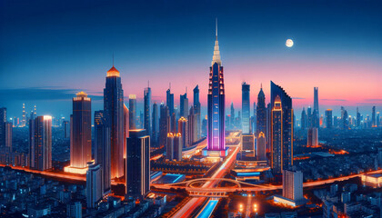 A panoramic view of a modern city skyline at dusk, with tall skyscrapers, including a prominent, sleek tower with a spire