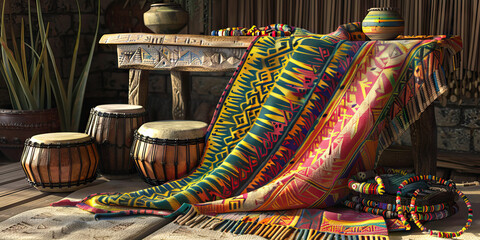 African Storyteller's Desk: A rustic desk with a colorful blanket and traditional African artifacts, such as drums and beads, reflecting the cultural heritage and oral storytelling