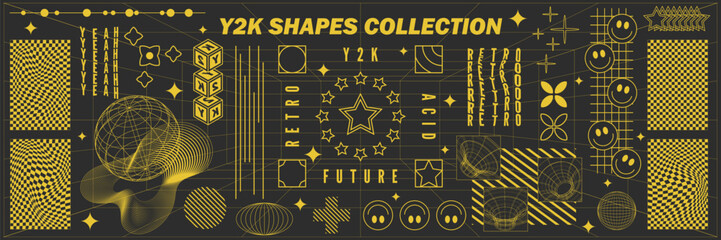 Abstract geometry hud wireframe shapes and patterns, cyberpunk elements, icon s and perspective grid s. Surreal geometric signs. Rave psychedelic futuristic Y2k acid aesthetic set. Vector illustration