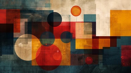 Fototapeta premium Geometric abstract design with overlapping squares and circles in cool blues and greens, modern and stylish