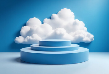 Blue Plinth stage with Clouds. Podium background for Product display