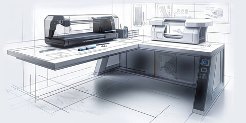 German Engineering Desk: A sleek, modern desk with state-of-the-art technology and precision tools, such as a 3D printer and a CAD program