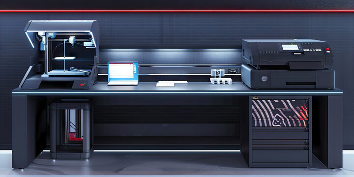 German Engineering Desk: A sleek, modern desk with state-of-the-art technology and precision tools, such as a 3D printer and a CAD program