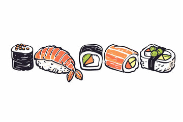 cute Hand drawn cartoon sushi illustration white background