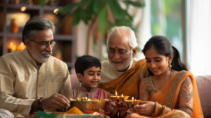 Obraz premium happy Indian family celebrating Diwali festival at home