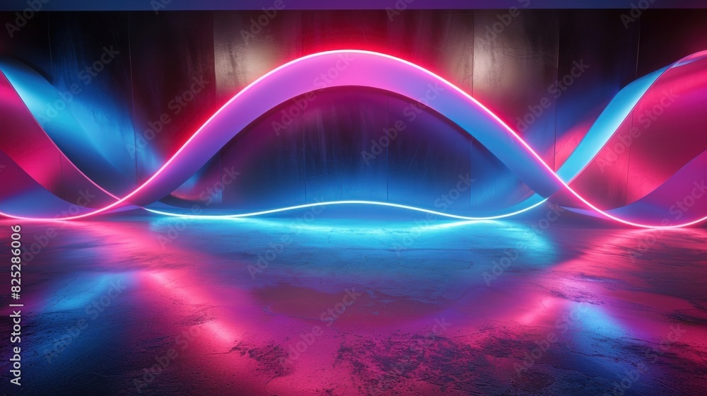 Poster a 3d render of an abstract neon background with dynamic glowing lines reflected on the dark floor.