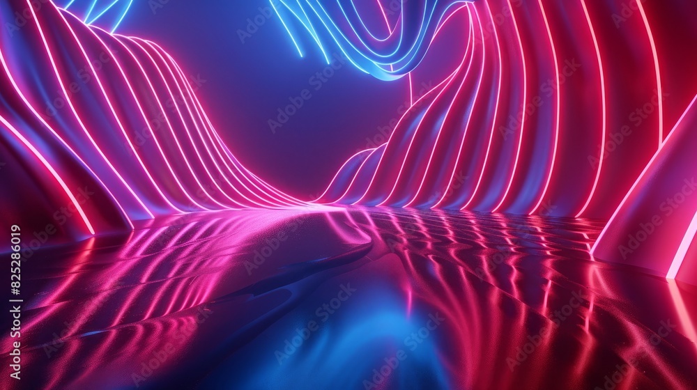Poster a 3d render of an abstract neon background with dynamic glowing lines reflected on the dark floor.