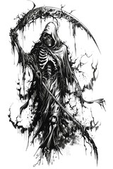 Grim Reaper Skeleton Holding Scythe Drawing
