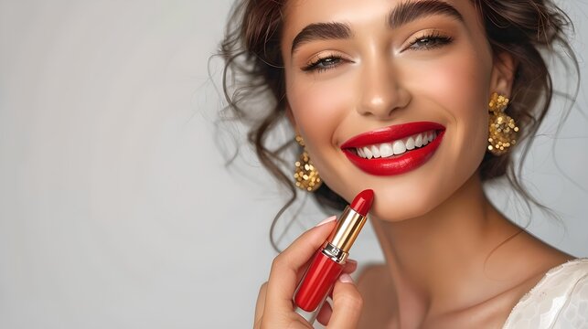 Woman smiling with red lipstick. Close-up portrait with classic makeup. Ideal for beauty, fashion, makeup tips. AI