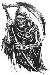 Grim Reaper Skeleton Holding Scythe Drawing
