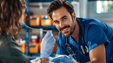 Fototapeta premium Smiling Healthcare Worker in Uniform Providing Compassionate Care and Support in a Modern Medical Facility – Dedicated Professional Ensuring Patient Well-being and Safety in a Hospital Setting