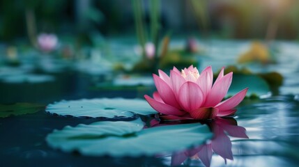 A stunning Thai lotus flower floating on a dark blue water surface.

