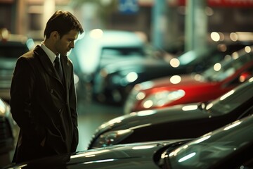 Thoughtful young man in a suit stands among luxury cars, potentially contemplating a purchase