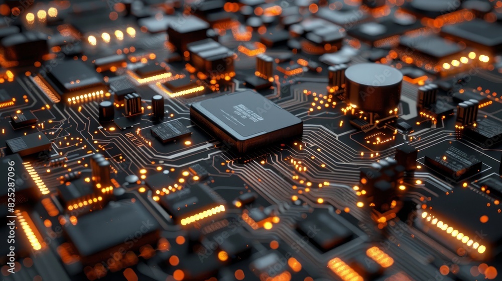 Poster a detailed view of a capacitor and microchip on a printed circuit board, symbolizing technological i