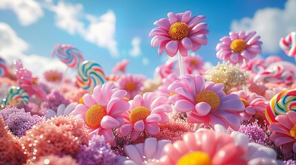 A candy garden blooming with lollipop flowers after a sweet drizzle, surreal, vibrant colors, 3D render