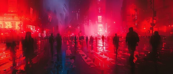 Fototapeta premium Capture a busy zebra crossing with pedestrians waiting as the traffic light glows red, focus on the organized chaos, urban rhythm theme, dynamic, Silhouette, against the cityscape