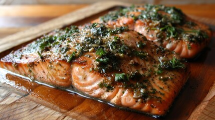 A mouth-watering image of cedar plank grilled salmon garnished with herbs, garlic, and spices.

