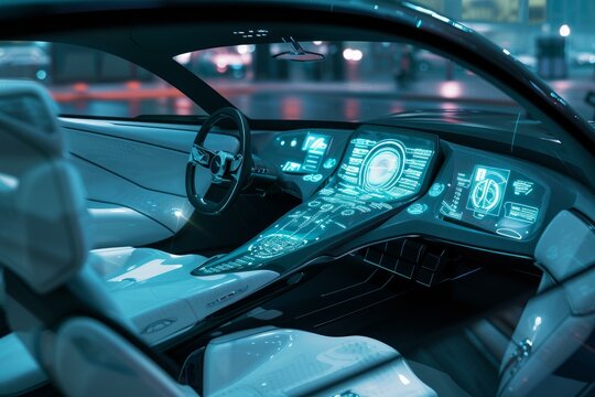 Hightech vehicle dashboard with glowing holographic touch interface in a modern car at night
