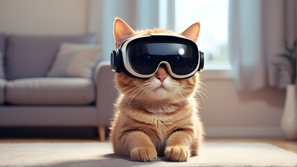 Funny cat in VR glasses, happy cute cat using virtual reality headset for online metaverse therapy...