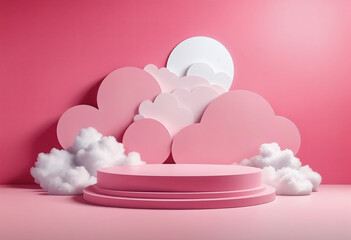 Pink Plinth stage with Clouds. Podium background for Product display