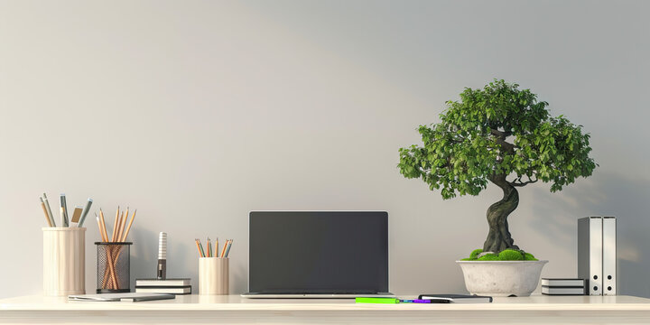 Japanese Minimalist Desk: A clean desk with a simple laptop, neatly organized stationery, and a small bonsai tree, representing the organizational skills and aesthetics 