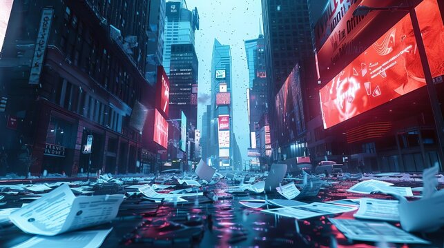 A deserted financial district with papers blowing in the wind and digital billboards flickering, surreal, cool tones, highresolution