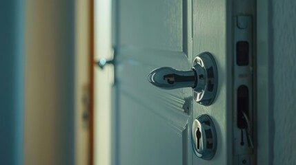 A close-up view of an ajar white door, showing elements of a cozy apartment interior.

