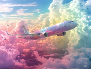 Surreal Airplane Soaring Through Rainbow-Hued Clouds in Dreamlike Sky