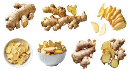 Ginger root vegetable herb, many angles and view side top front cluster pile slice isolated on transparent background cutout, PNG file. Mockup template for artwork graphic design