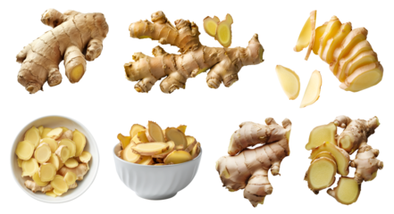 Ginger root vegetable herb, many angles and view side top front cluster pile slice isolated on transparent background cutout, PNG file. Mockup template for artwork graphic design
