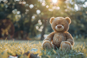 A brown bear doll with a lonely and dejected expression sitting in a park on international missing children day.