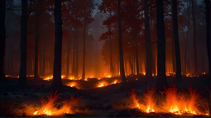 Naklejka premium The Fiery Dance of Orange and Red Flames Against a Softly Glowing Landscape ai generative