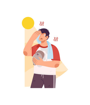 Guy sweating a lot on summer because of hot temperature. People holding a cap and wiping sweat with napkin suffering from heat wave and sunstroke. Flat illustration